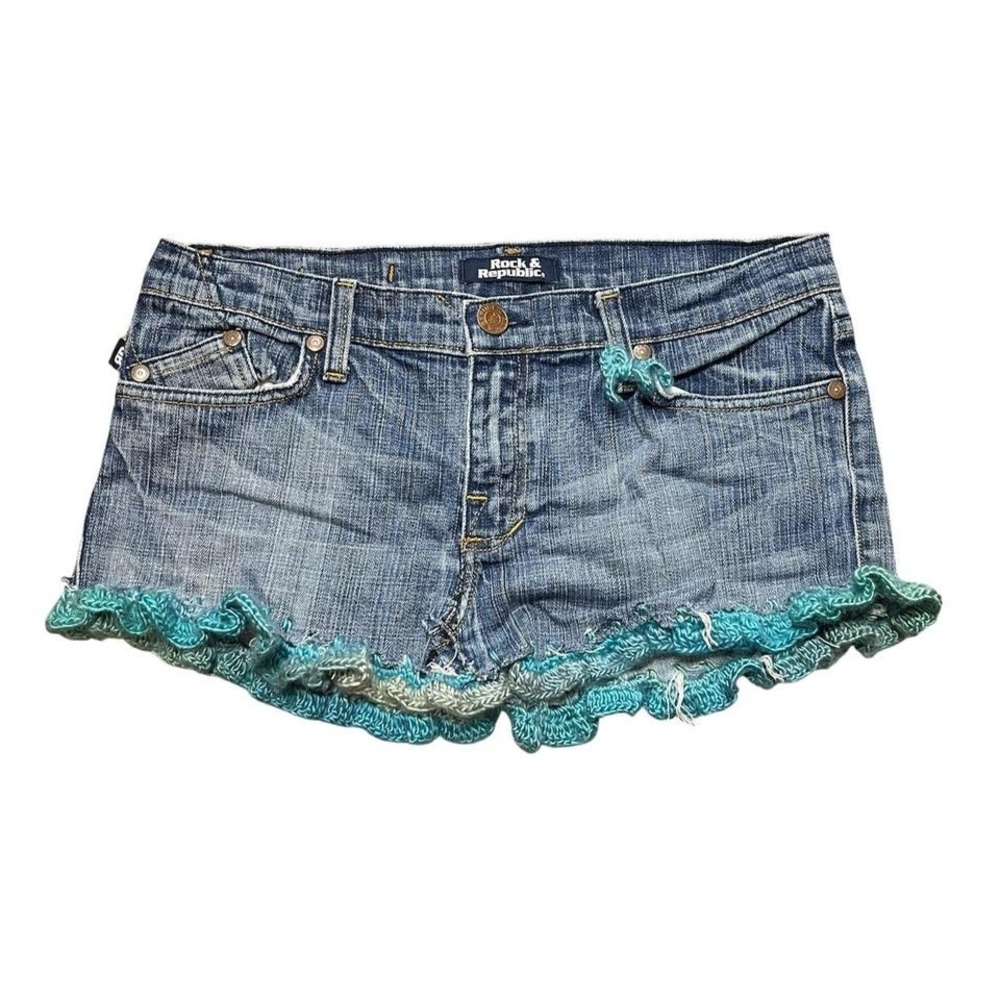upcycled Rock & Republic blue denim miniskirt with crochet hem